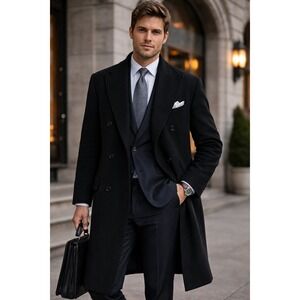 Andrew Fezza Trench Coat Men 46 Black Cashmere Italian Timeless Classic Overcoat